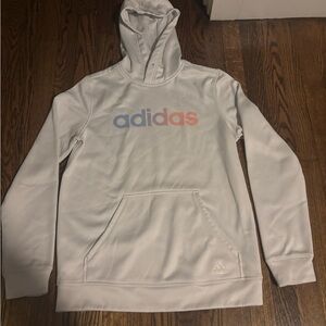 adidas White Hoodie with Pastel Blue and Pastel Pink Logo